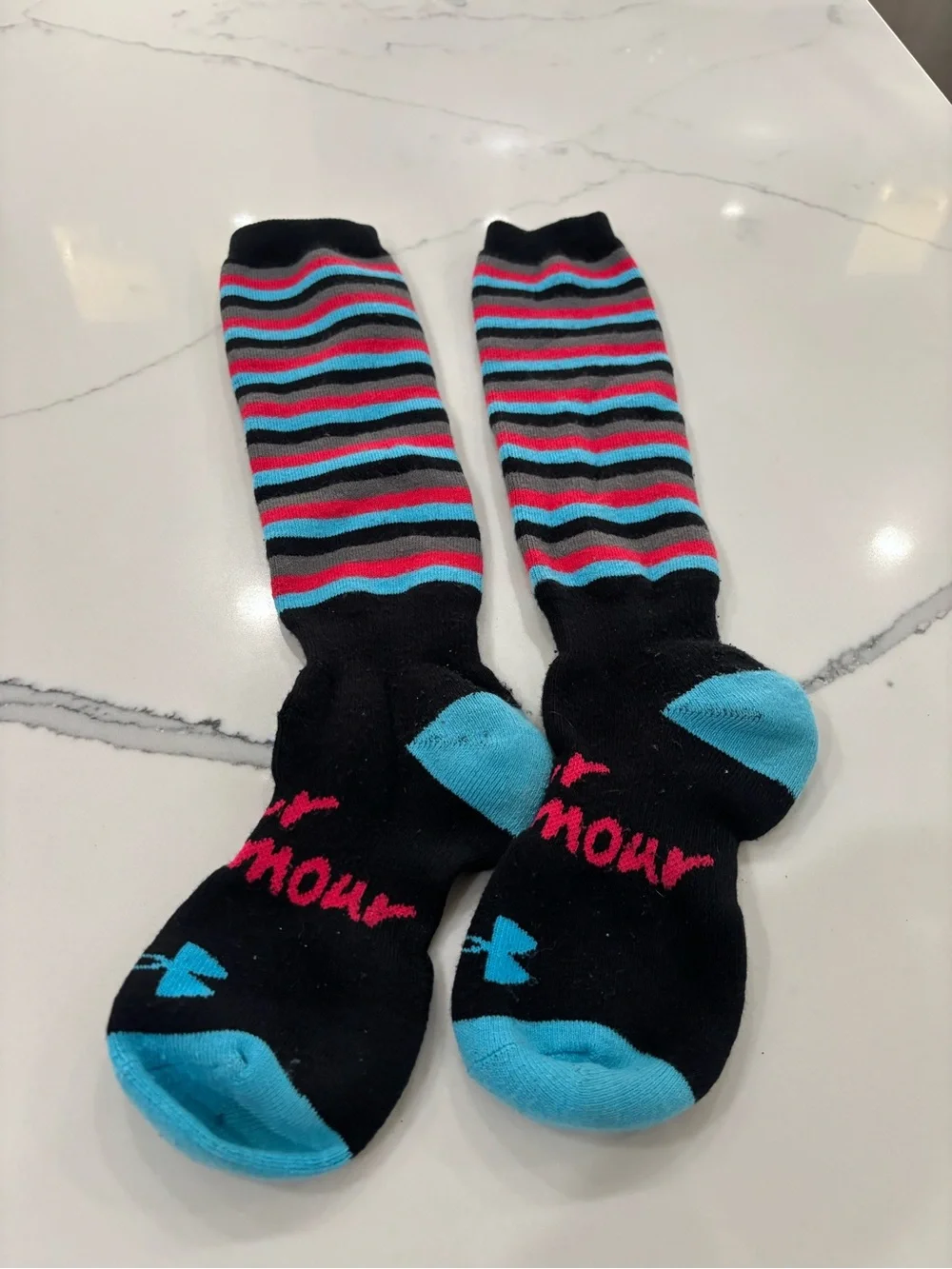 Under Armour Black Knee-High Ski/Snowboard Socks with Turquoise & Pink Stripes